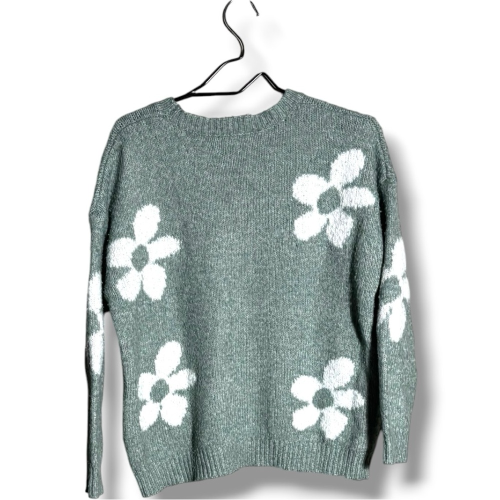 Little Lies M/L Mint Green with White Floral Crewneck Sweater Soft Intarsia Knit - Picture 16 of 16
